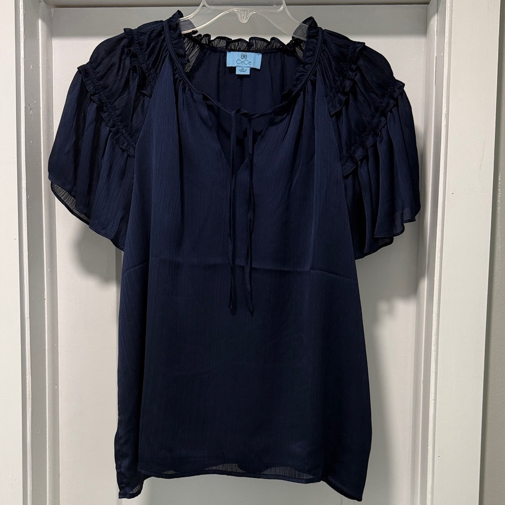 CeCe Navy Blue Ruffle Blouse